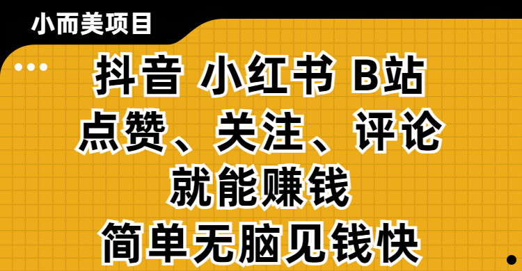 小而美的项目，抖音、小红书、B站视频点赞、关注、评论就能赚钱，简单无脑立见收益！妥妥的零撸项目-领航创业网