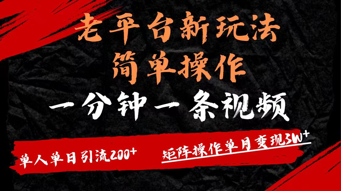老平台，新玩法，简单操作，一分钟一条视频，单人单人引流200+矩阵操作，单月变现3W-领航创业网