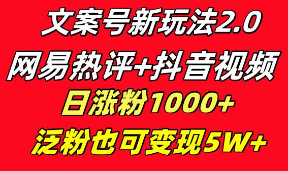 文案号新玩法 网易热评+抖音文案 一天涨粉1000+ 多种变现模式 泛粉也可变现-领航创业网