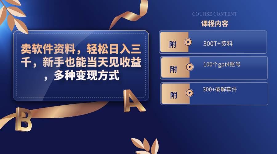 卖软件资料，轻松日入三千，新手也能当天见收益，多种变现方式，（附300T+资料，100个gpt4账号，300+破解软件）-领航创业网