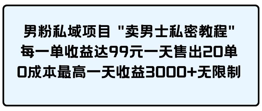 男粉私域项目 卖男士私密教程 每一单收益达99元一天售出20单-领航创业网
