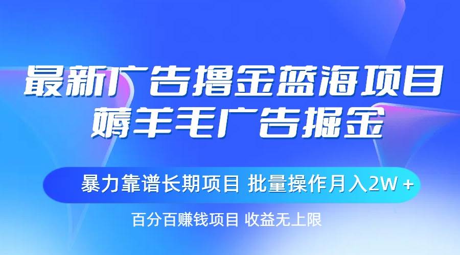 最新广告撸金蓝海项目，薅羊毛广告掘金 长期项目 批量操作月入2W＋-领航创业网